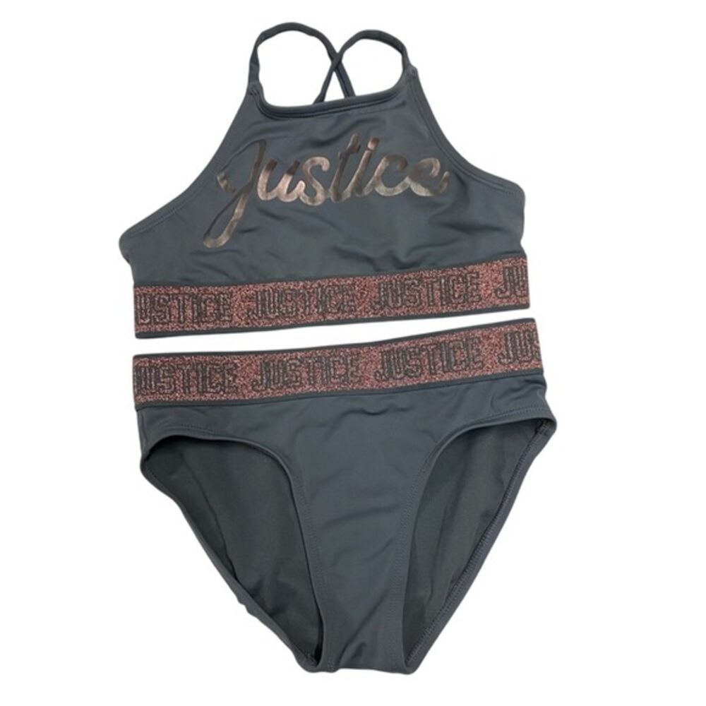 Justice Girls Size 10 Gray Rose Gold Sparkle Logo‎ Heart Bikini Swimsuit